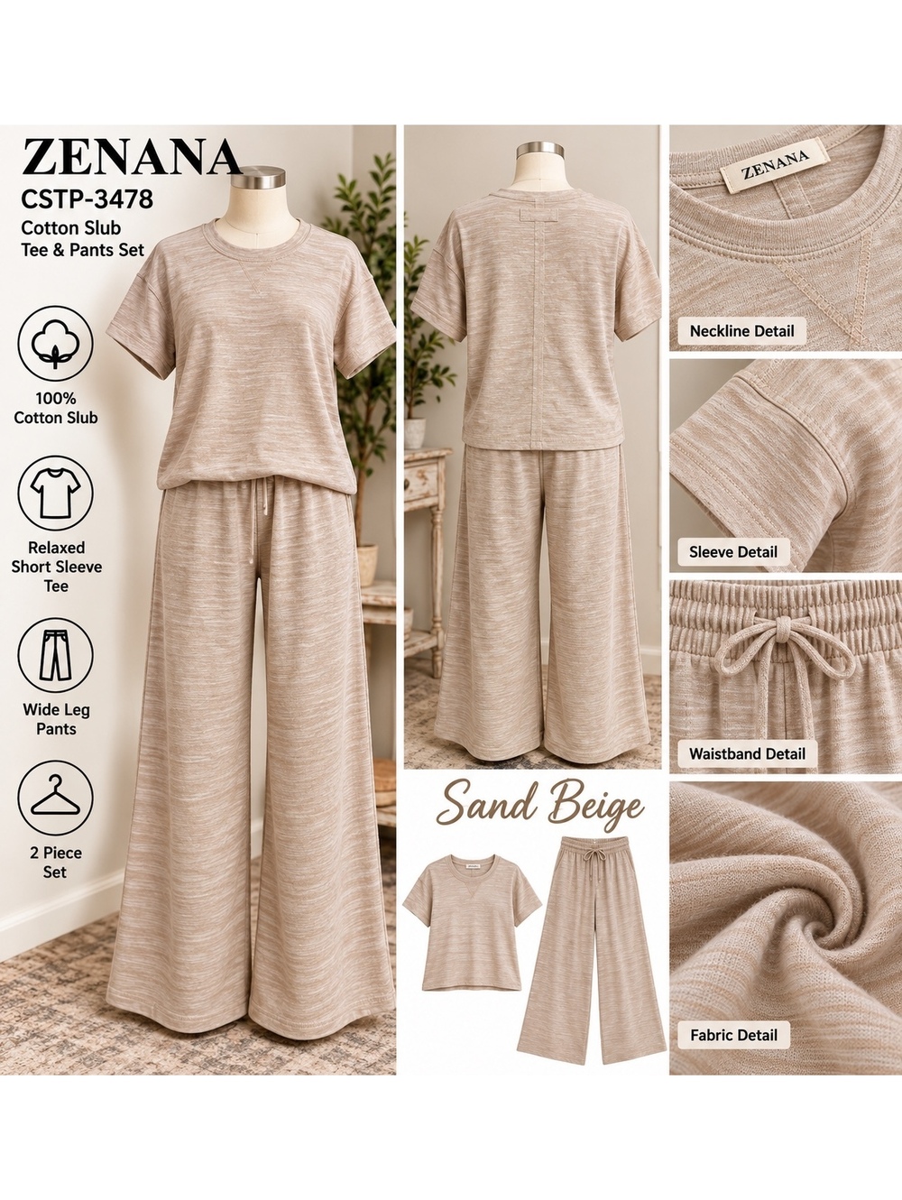 Zenana Sand Beige Set Cotton Slub Tee and Wide-Leg S/M/L